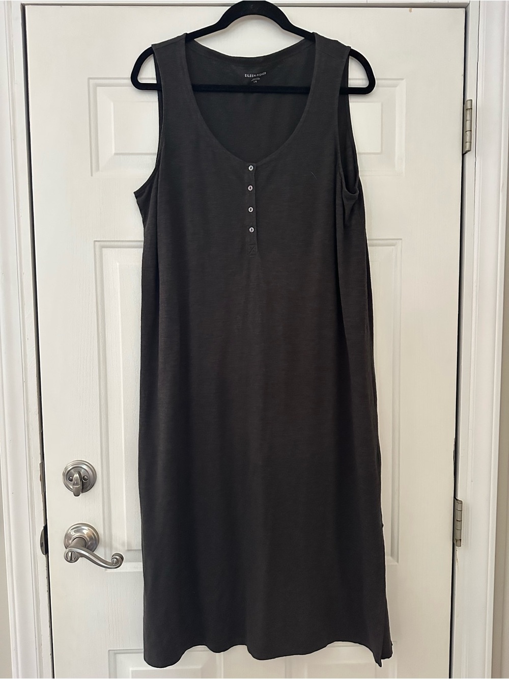 Eileen Fisher Organic Cotton Hemp Jersey Henley Midi Dress Charcoal Gray Large